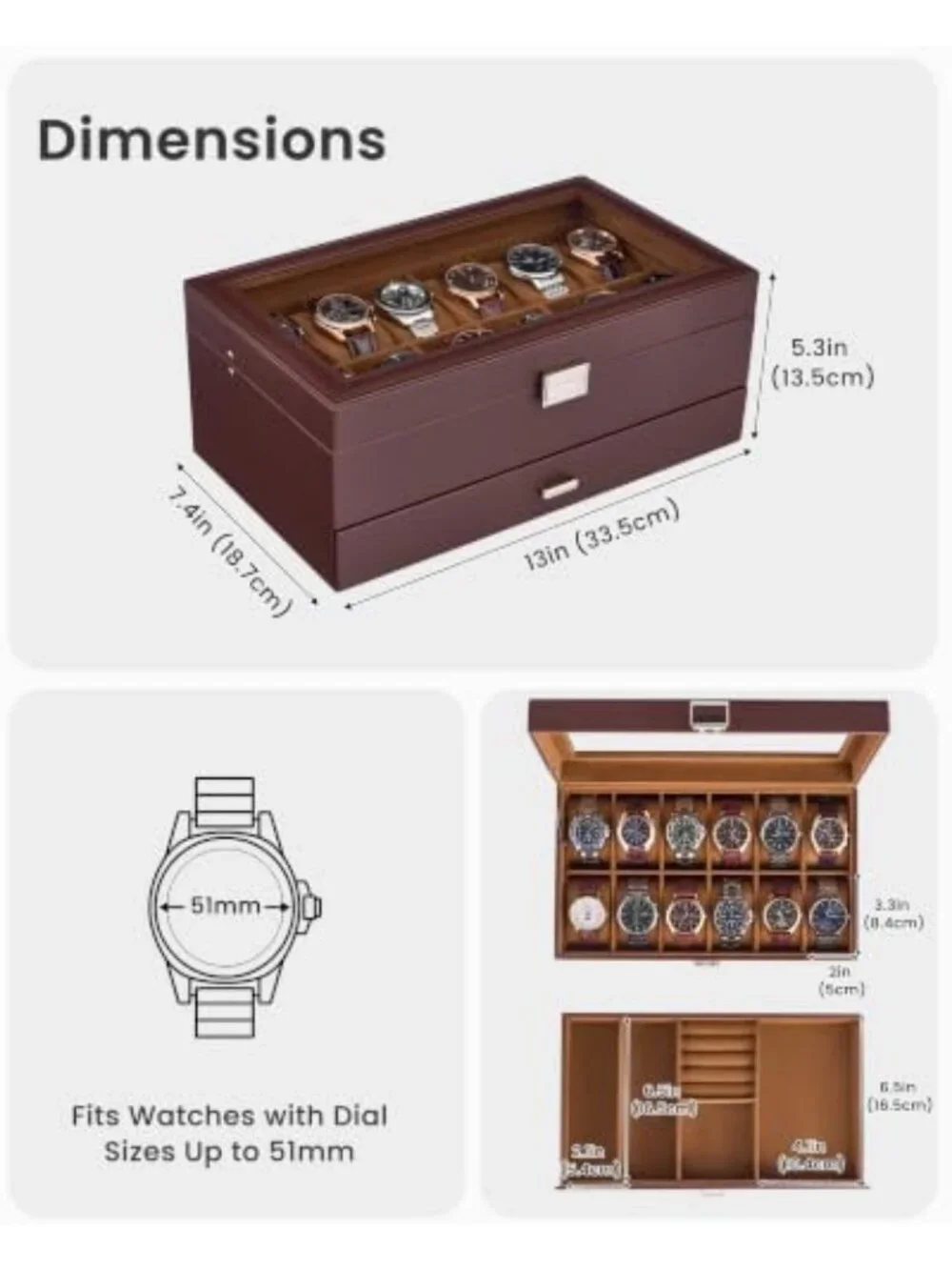12-Slot Men's Watch Case & Jewelry Box with Drawer & Glass Lid - Organizer
